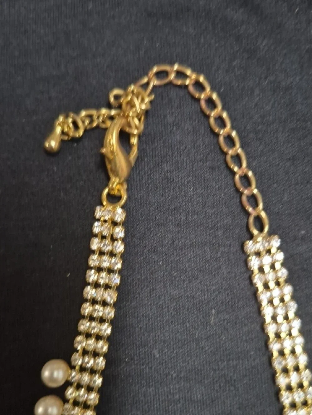 Gold Pearl Collar Necklace with Crystal Rows